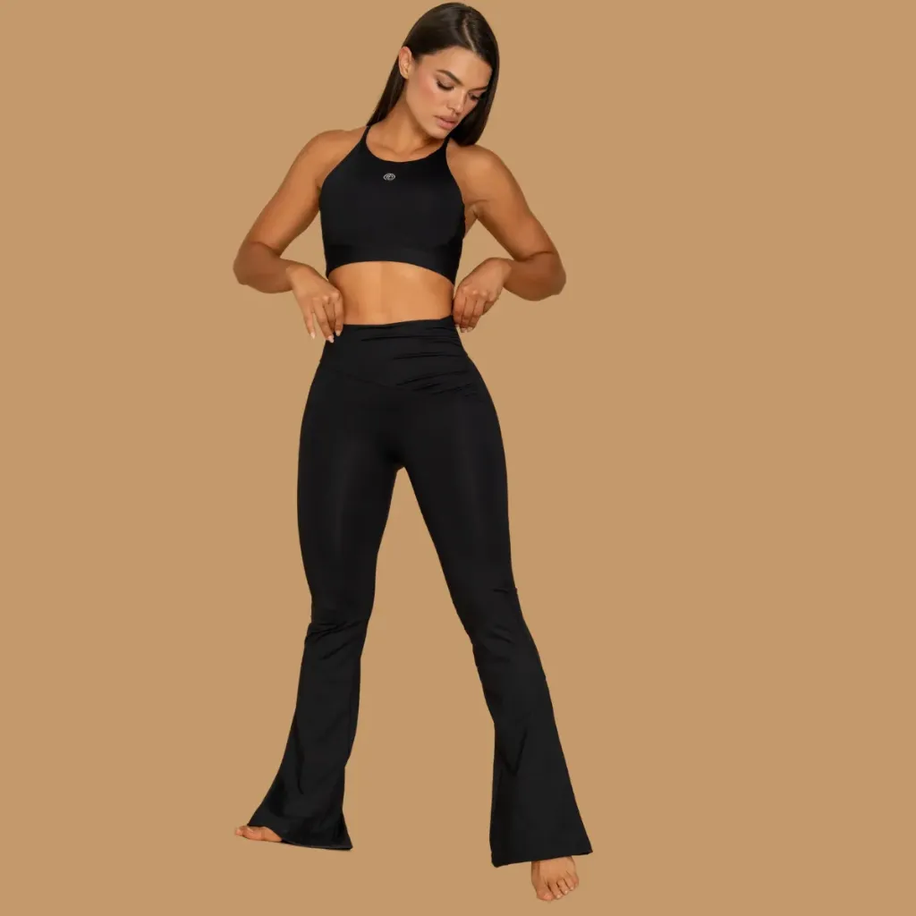 [FT-ST-NE-039] Set Leggings Bota Campana Pretina Cruzada (Negro)